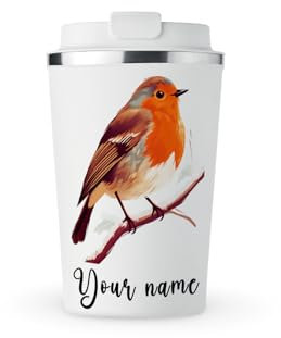 MAXIKIWI - Personalized Insulated Double Walled, Leakproof Stainless Steel Mug, Coffee or Tea Travel Tumbler with Lid, Keep Drinks Hot and Cold - Winter Robins - 350ml
