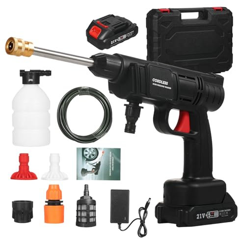 Mulcort Cordless Pressure Washer,21V Electric High Pressure Cleaner 24.5Bar Car Washing Machine 2x1500mAh Lithium Battery Handheld Car Cleaning Device with Foam Bottle Nozzles 5m Water Hose