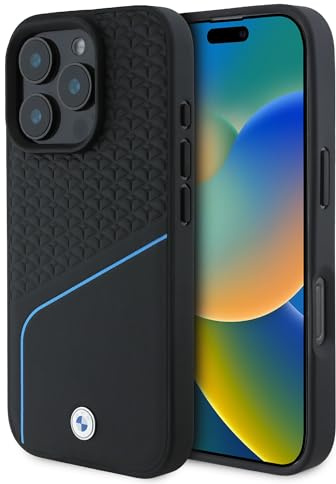 CG Mobile BMW HC Sign Phone Case Designed for iPhone 16 Pro, Durable, Shock Proof, Compatible with Magsafe, Leather Textured and Line Case Black