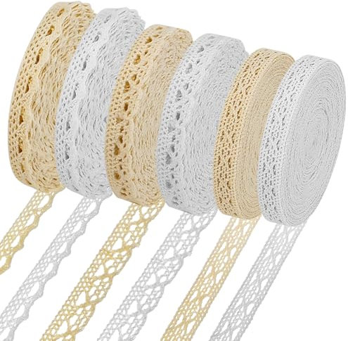 6 Rollen Baumwolle Spitzenborte, Vintage Spitzenband Häkelspitze, Lace Ribbon Selbstklebend, Spitze Borten für DIY mit Doppelseitiges Klebeband, Zierband Spitze für Handwerk Hochzeit Scrapbooking