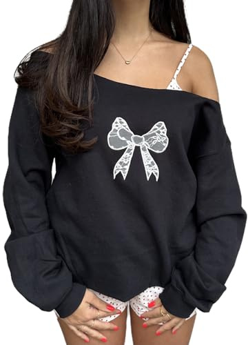 HodJIU Women Y2K Off Shoulder Sweatshirt Bow Embroidery Oversized Jumper Pullover Cute Print Long Sleeve Shirts Tunic Top