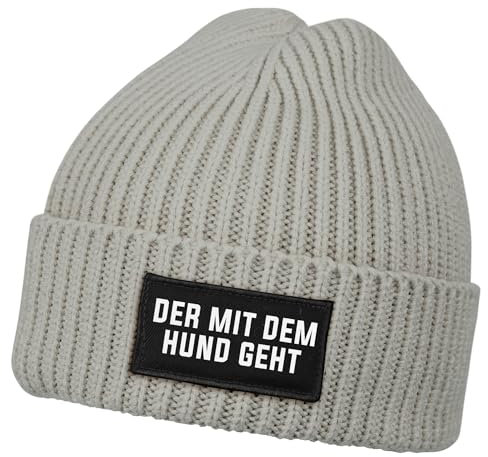 MoonWorks® Herren Beanie mit Patch Strickmütze mit Spruch Der mit dem Hund geht Aufdruck Lustig Mütze Männer Grau Unisize