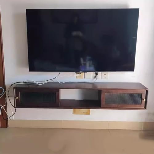 Floating TV Unit 120/150/180cm Wall Mounted TV Cabinet Solid Wood Rattan Glass Wall Mounted TV Shelves With Door Console Entertainment Shelf Wall TV Cabinet For Living Room(Brown,150 * 25 *