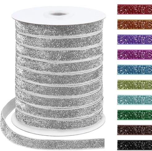 Uiopa Glitzerband 10mm x 45m Samtband Glitzer Geschenkbänder Dekoband für Geschenkverpackung, Kränze, Bogen Herstellung, Hochzeit, Party, Home Decor, DIY Handwerk (Silber)