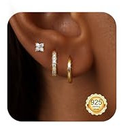 Diamday 3 Paar Ohrringe Silber 925 Creolen Ohrstecker Ohrringe Gold Piercing Ohr für Damen Hypoallergene Helix Piercings Set Ohrstecker Creolen Silber 925 Ohrring Set für Mehrere Piercings Gold