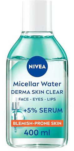 NIVEA Derma Skin Clear Serum-Infused Micellar Water (400ml), Face Cleanser for Blemish-Prone Skin, Makeup Remover Featuring 5% Serum with PHA, Salicylic Acid, and Niacinamide