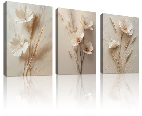 WENGTIAO 3 Piezas Floral Beige Blanco Cuadros Enmarcados Moderno Minimalista Flores Pintura Sobre Lienzo Cuadros Decoracion Salon Modernos Dormitorios Decoracion Pared 30x40cmx3