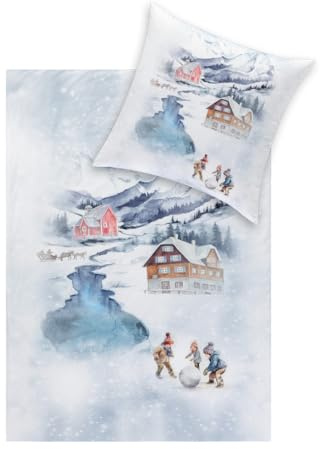 ESTELLA Bettwäsche Mountain Lake | Schnee | 155x220 cm + 80x80 cm | extra weich & wärmend|pflegeleicht & trocknerfest | ideale Winterbettwäsche | 100% Baumwolle