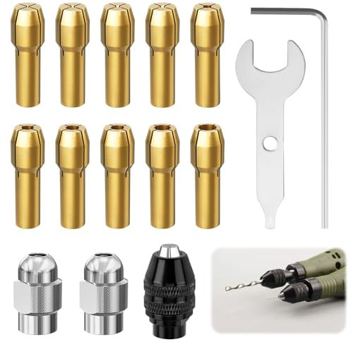15PCS Drill Chuck Collet Set, Drill Chuck Adapter for Dremel Rotary Tool with 4485 Metal Nut 2pcs, 4486 Brass Collets 1pc, 10pcs Copper Core 0.5-3.2mm Shank, Compatible with Dremel Accessories