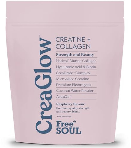 CreaGlow™ Naticol Marine Collagen + Creatine Monohydrate + Electrolytes Powder | Glow & Strength All in 1 with Magnesium, Vitamin C, Biotin & Hyaluronic Acid | Raspberry Flavoured | Free Soul