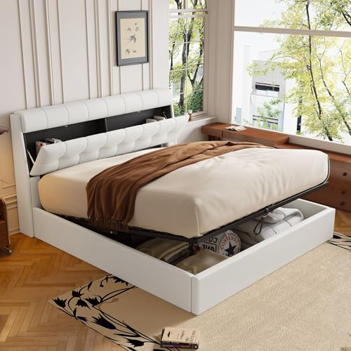 Upholstered Ottoman Bed Frame, 4ft6 Double Bed Frame with Bed Box Storage&Concealed Headboard Storage, PU Leather Gas Lift Up Upholstered Double Ottoman Bed with Wooden Slats, No Mattress,Cream White