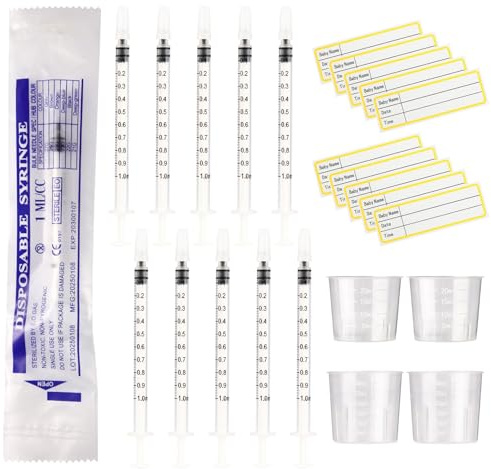 30 Stück Kolostrum Spritzen 1 ml–ohne Nadel, mit Kappen&Messbecher | Kunststoffspritzen zum Befüllen & Messen – für Labore, Pflanzenbewässerung & mehr – inkl. Aufkleber, steril, präzise