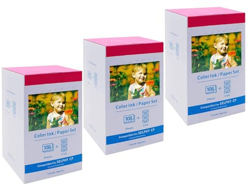 3 Pack KP-108IN Kompatibel mit Canon Selphy CP1500 Fotopapier und Kartusche | 10x15 cm KP108 3115B001(AA) für Selphy CP1500 CP1300 CP1200 CP1000 CP910 Fotodrucker, 324 Papier (100 x 148mm) + 9 Patrone