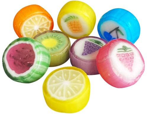 Rock Bonbons 500g - Handmade Retro Süßigkeit, einzeln verpackt - Kantige Fruchtbonbons mit Früchte-Motiven, intensiven Fruchtaromen & knalligen Farben
