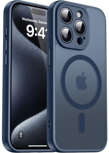 Natiiozie Magnetisch Kompatibel mit iPhone 15 Pro Hülle Kompatibel mit MagSafe, Kameraschutz FallSchutz Handyhülle, Stoßfest Kratzfest Schutzhülle Transluzente Matt Rückseite 6.1 Zoll Case Dunkelblau