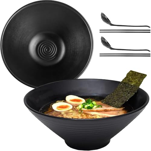 WEIWUXIAN Lot de 2 Grands Bols à Ramen Japonais avec Baguettes et Cuillère 1500ml Bols à Nouilles et Ramen en Mélamine Ensemble de Bols Ramen en Céramique pour Udon, Salade, Soupe Pho (1500ml)