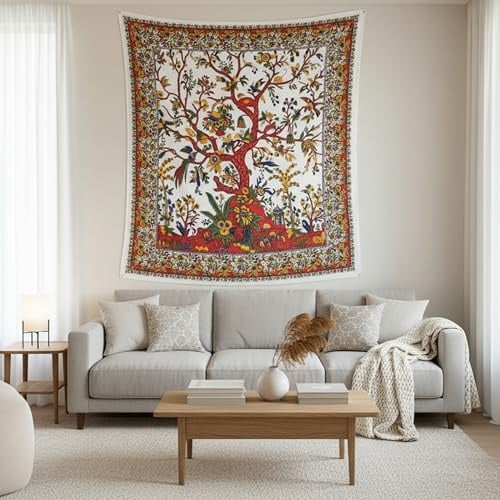 Craft Trade Weiß Baum Wandteppich Indische Wandtuch Tapestry Wandbehang Boho Wandteppiche für Heimdeko Wohnzimmer und Schlafzimmer - 127 x 152 cm