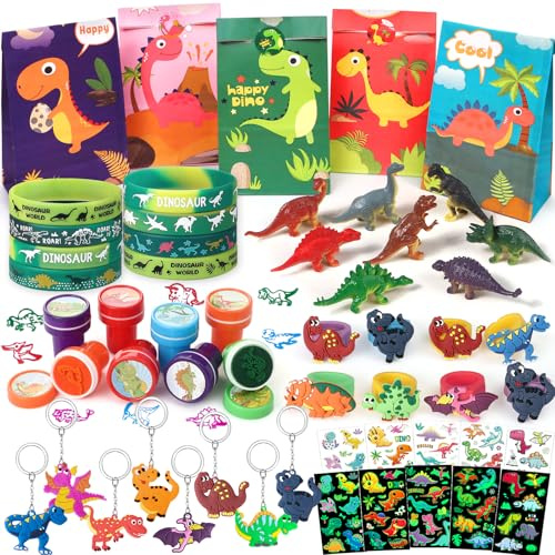 Dinosaurier Party Mitgebsel Kindergeburtstag Jungen Dinosaurier Geschenketüte Mini Dino Figuren Tattoos Schlüsselanhänger Silikon Armbänder Ring Stempel Give Aways Kindergeburtstag für Kinder