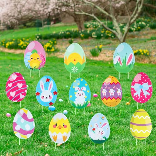 Detene 12 Pack Cute Colourful Easter Egg Yard Garden Stakes Floral Patterned Easter Spring Egg Stakes Easter Egg Lawn Stakes for Outdoor Lawn Yard Garden Patio Decor
