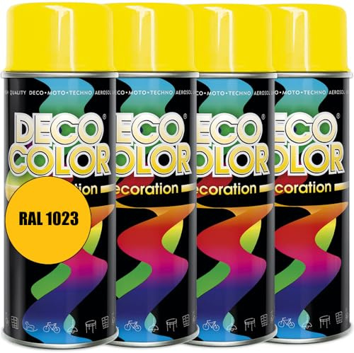 DECO COLOR 4er Sparpack Lackspray 400ml glänzend nach RAL - Farbauswahl (4 Dosen in gelb glanz RAL 1023)