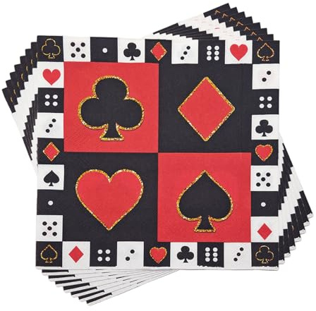 20 Stück Casino Poker Servietten,Papier Servietten in Herz,Pik,Kreuz & Karo | Kartenspielservietten, Las Vegas Deko Papierservietten, Casino Tischdeko, 33x33cm
