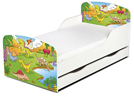 Leomark Einzelbett aus Holz - Dinosaurier - Kinderbett mit Schubladen für Bettwäsche, Holzbett mit Matratze + Lattenrost, Komplett Set, Liegefläche 70/140 cm, UV-Druck