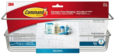Command Bath Shower Caddy, Satin Nickel - 1 Caddy + 4 Water-Resistant Strips - Bathroom Shower Storage Organiser, Bath Shelf, Damage Free Hanging - Holds up to 3 kg