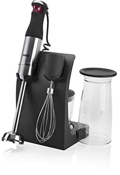 Princess 221215 Batidora de mano Smart Control XL, con soporte de almacenamiento, vaso medidor, batidor y picadora, control táctil de velocidad único, Motor DC 800 W, Negro y transparente