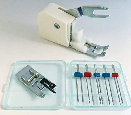 5 Zwillingsnadeln Stärke 75(2mm, 3mm) und Stärke 90(2mm, 3mm, 4mm) + Obertransport Nähfuß + Overlock Nähfuß für AEG Nähmaschinen FY 791, 122, 1714, 145DL, NM 122X, NM 220; 11220, 11227, 11680