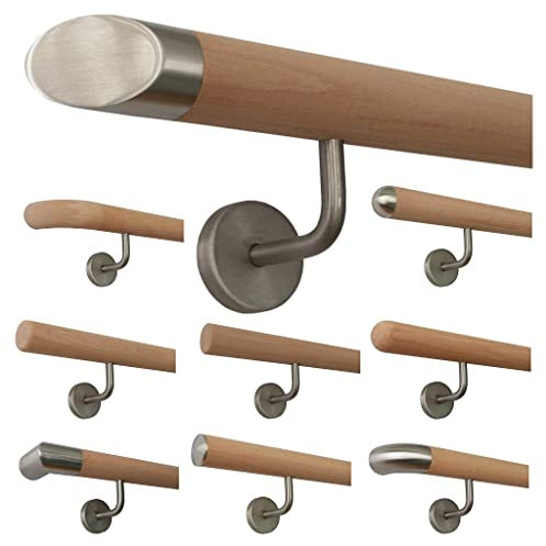 TIBU Holz Handlauf Buche unbehandelt Geländer Wandhandlauf Wand Treppe 30-500cm, Länge 180 mit 3 Halter schräges Endstück