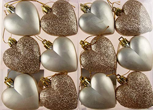 Theme Machine Set Of 12 Glitter Love Hearts Christmas Tree Baubles Decorations - Champagne