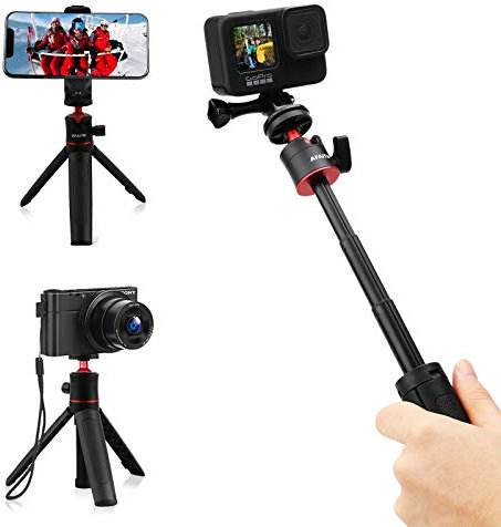 AFAITH Mini Selfie Stativ für GoPro und Handy, Erweiterter Tisch Selfie-Stick Einbeinstativ für GoPro Hero 12 11 10 9 8 7 6 5 Black Session Osmo Action Kamera iPhone/Huawei/Samsung/Xiaomi/LG