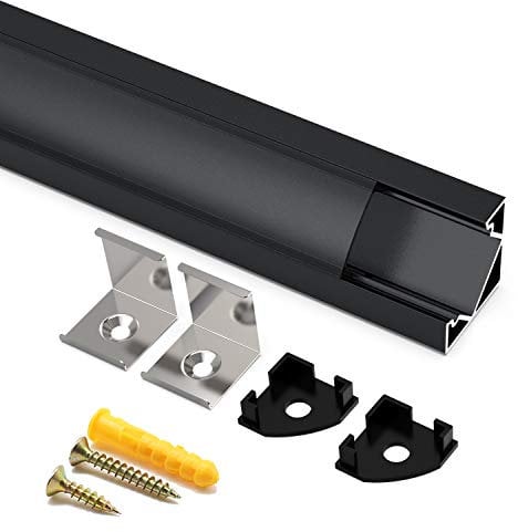 Angdarun Profilé LED Aluminium, Rail Led 45 degrés 10x1 mètre V-forme pour Ruban LED, En Couvercle De Diffuseur Noir pour Ruban LED, Avec les Embouts et les Clips de Fixation du Métal