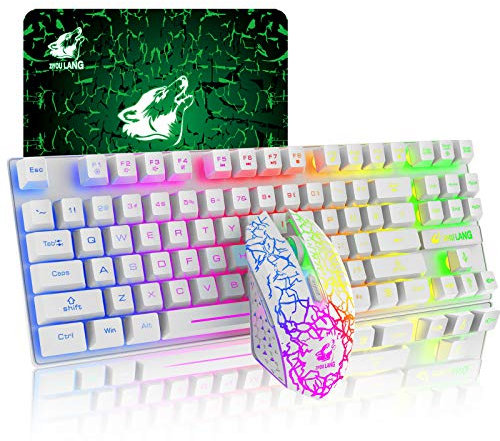 T87 Upgrade 87 Keys Wireless Keyboard Mouse Combo, Rainbow Backlit 2.4G Rechargeable Mechanical Feel Gaming Keyboard +2400DPI 6 Buttons Optical Rainbow LED Gaming Mouse+Free Gaming Mouse Pads (White)