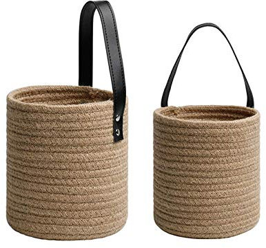 Hängende Aufbewahrungskörbe mit Ledergriff Gewebte zum Pflanzen, Handtücher, Spielzeugaufbewahrung, 2er-Pack (Jute)