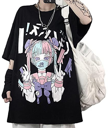 Damen Sommer Gothic T-Shirt Anime Ästhetischer Druck Harajuku Mode Casual Tops, Schwarz3, Groß