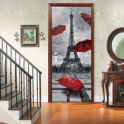 A.Monamour Türtapete Selbstklebend Türfolie Türposter 3D Eiffelturm Mit Fliegenden Roten Regenschirmen Am Regnerischen Tag Vinyl Folie Türdeko Tapete Wandbild Türaufkleber Türtattoo 85 x 215 cm