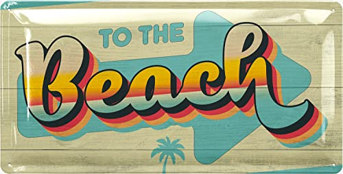 LANOLU Retro Blechschild BEACH - Surf und Strand Deko Garten - Pool Schild und Pool Dekoration - Wegweiser Schild für die Tiki Bar - Metallschild in Holzschild Optik 17x34cm