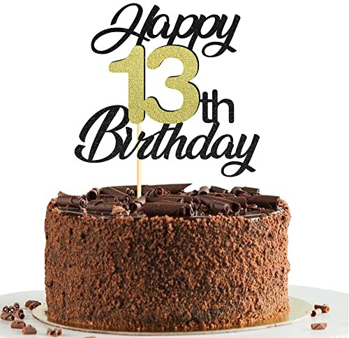 13th Birthday Cake Toppers,Black&Gold Glitter Cake Decorations,Happy 13th Cake Toppers for Boys Girls Birthday Themed Party,1PC