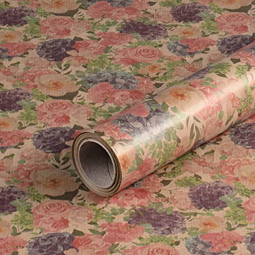 Geschenkpapier rosa und lila Blumen, Geburtstagspapier, Kraftpapier, 0,70 x 10 m
