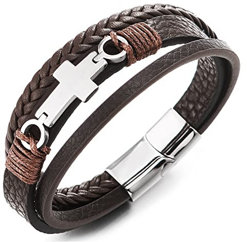 COOLSTEELANDBEYOND Edelstahl Horizontalen Seite Seitlich Flacher Kreuz DREI Stränge Braun Geflochtene Lederarmband Armreif für Herren Damen