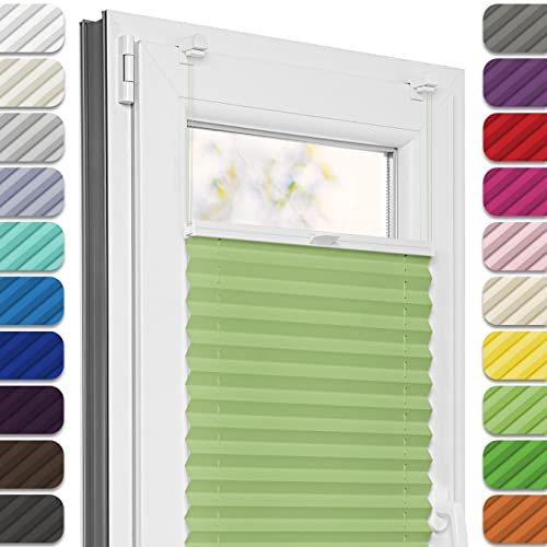 Estika Plissee ohne Bohren, Premium Klemmfix - 95cm Breite x 150cm Höhe - Pistazien - Metal Plisseehalter ohne Bohren, Modern Sichtschutz für Fenster, Jalousien Fenster für innen