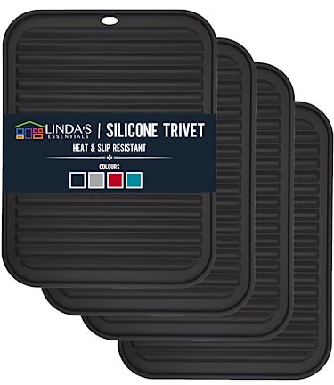 Silicone Trivets for Hot Pans and Pots (4 Pack) - Multipurpose Silicone Heat Resistant Mat and Pot Holder Trivet (30 x 23cm) - Heatproof Mats for Kitchen by Linda's Essentials (Black)