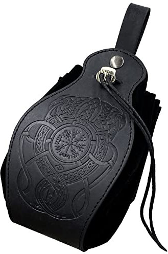 HiiFeuer Mittelalter Kunstleder Tasche, Tragbare Kordelzug Geldbörse, Vintage Gürteltasche Würfeltasche Für LARP Ren Faire (Dragon Schwarz)