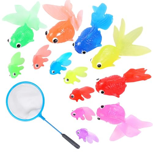 Waldspring Künstliche Goldfische, Neon Fische Deko Dehnbare, Künstliche Schwimmende Fische, Simulation Goldfisch Weiche Gummi, Kleine Gefälschte Fische Ornament für Katzenspielzeug