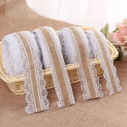 4 Rollen Juteband, Juteband mit Spitze, Juteband Spitzenband, Vintage Juteband Natur Stoffband Jute Rolle Spitzenband für Weihnachten Hochzeitsdeko Tischdeko Glasflasche DIY Handwerk Basteln Party
