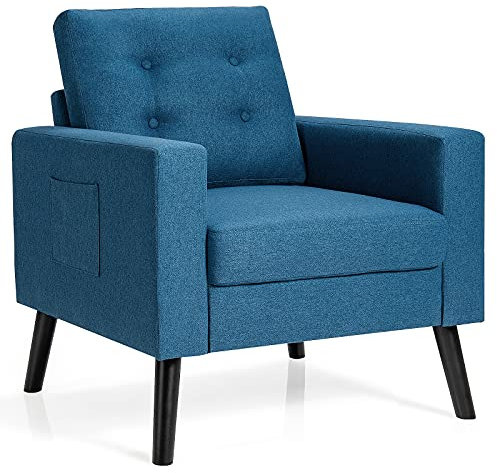 RELAX4LIFE Bequemer Lounge-Sessel mit Füßen aus Hevea-Holz | 2 Seitentaschen, modernes Sofa gepolstert mit breiter Sitzfläche & Rückenlehne & ergonomischen Armlehnen, für Wohnzimmer, Schlafzimmer,