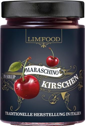 Limfood | 400g Maraschino Kirschen - aromatische italienische Kirschen in Sirup für Cocktails und Eis. Maraschino Cherries - alkoholfrei