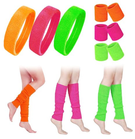 UQTUKO 80er Jahre Schweißbänder Set, 80er 90er Jahre Outfit Damen Kostüm Accessoires Neon Stirnband Armband Beinwärmer Retro Party Accessoires für 80er 90er Kostüm Party Fasching Karneval Zubehör