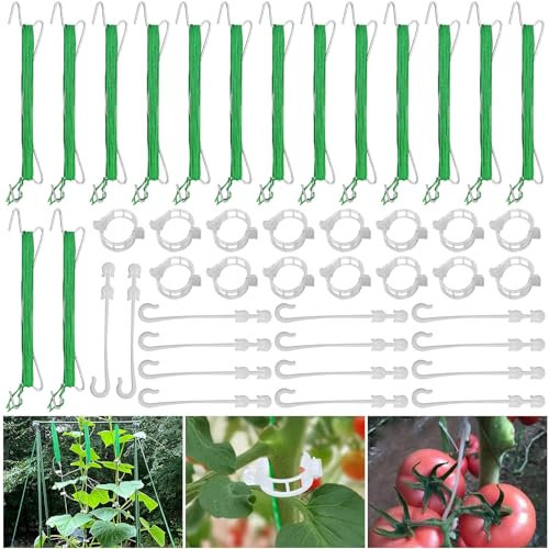 LFBEST Tomatenhaken Set, 15 Stück Tomatenhaken Metall mit 15 Pflanzenschnalle and 10 m Seil, Gemüsehaken Tomatenhaken Tomatenhaken Mit Schnur für Hängende Tomaten und Gurken